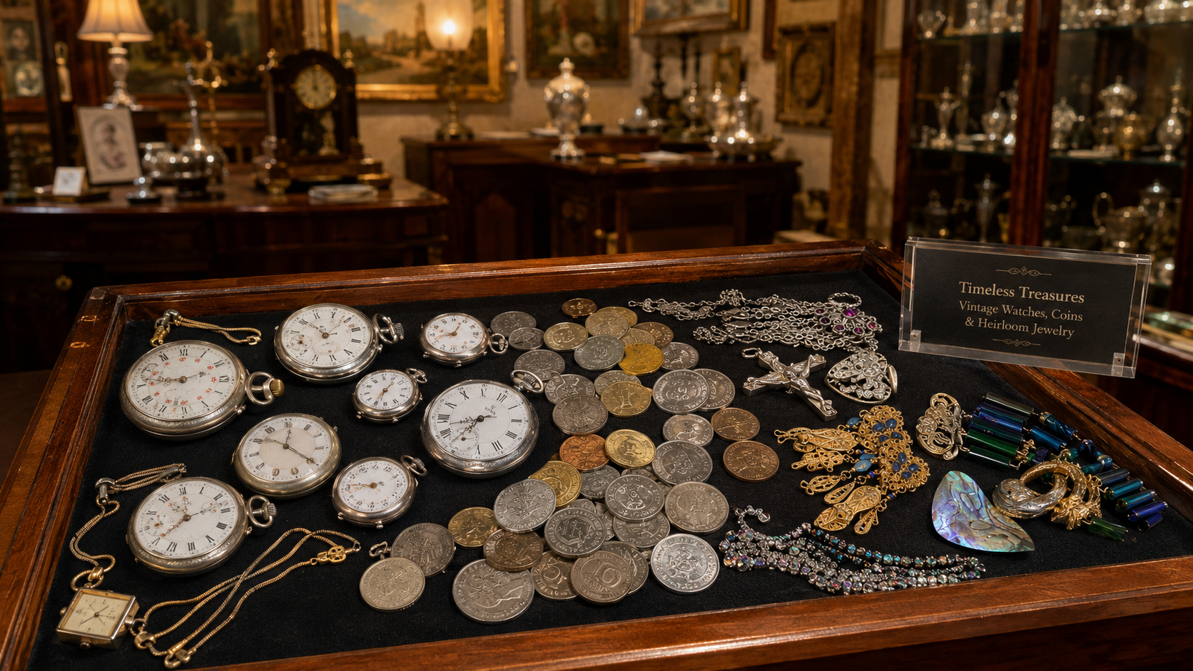 Montres de poche, monnaies anciennes et bijoux