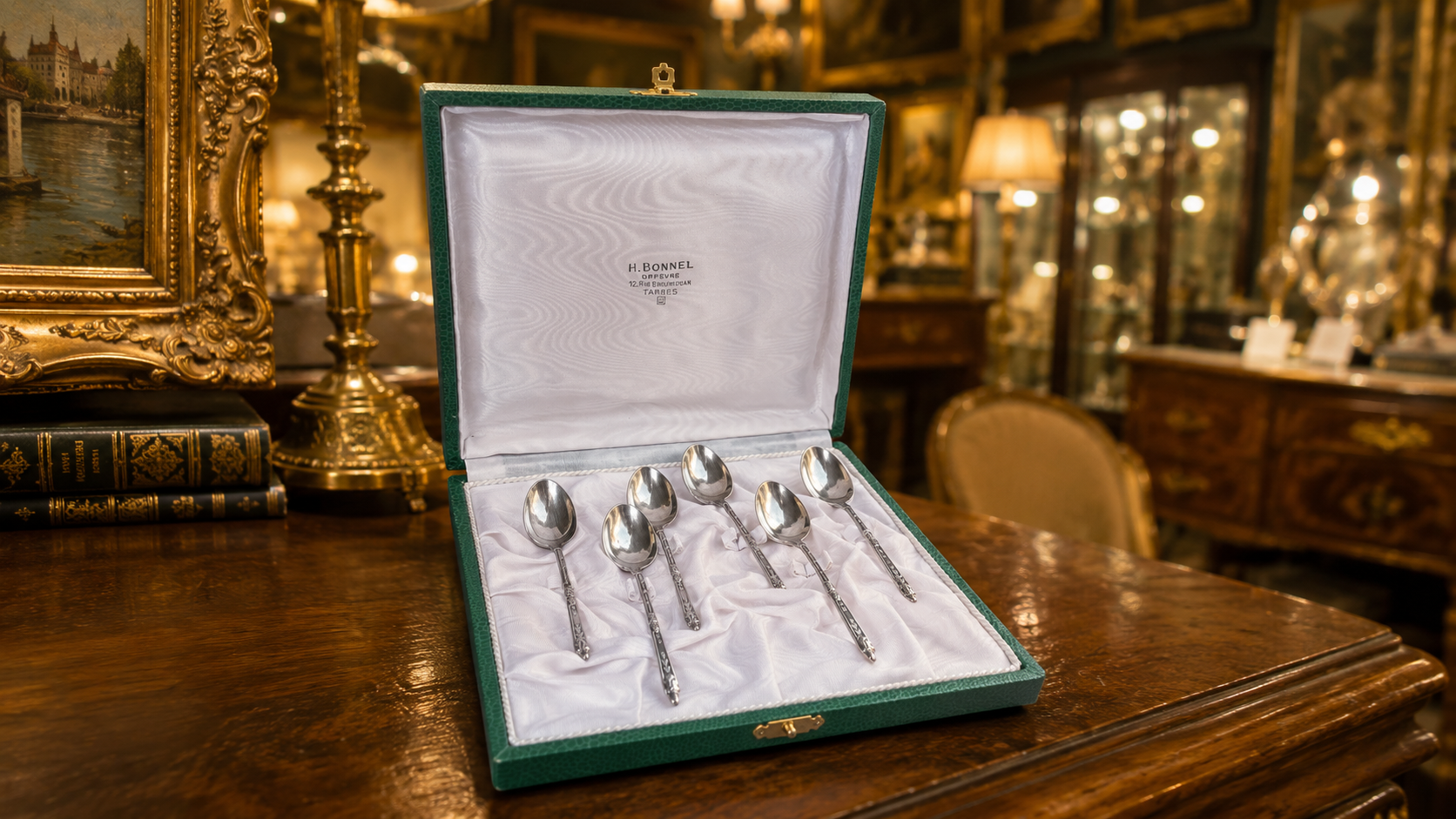 Cuillères anciennes dans un coffret vert